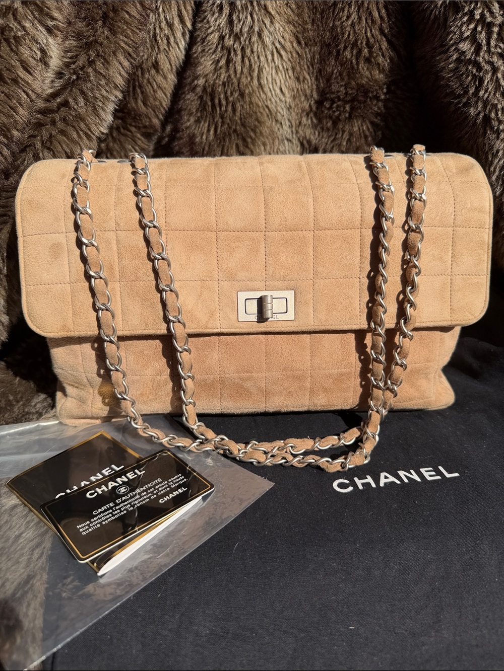 Vintage Chanel 2.55 Reissue Quilted Chocolate Bar Flap Beige Suede Jumbo